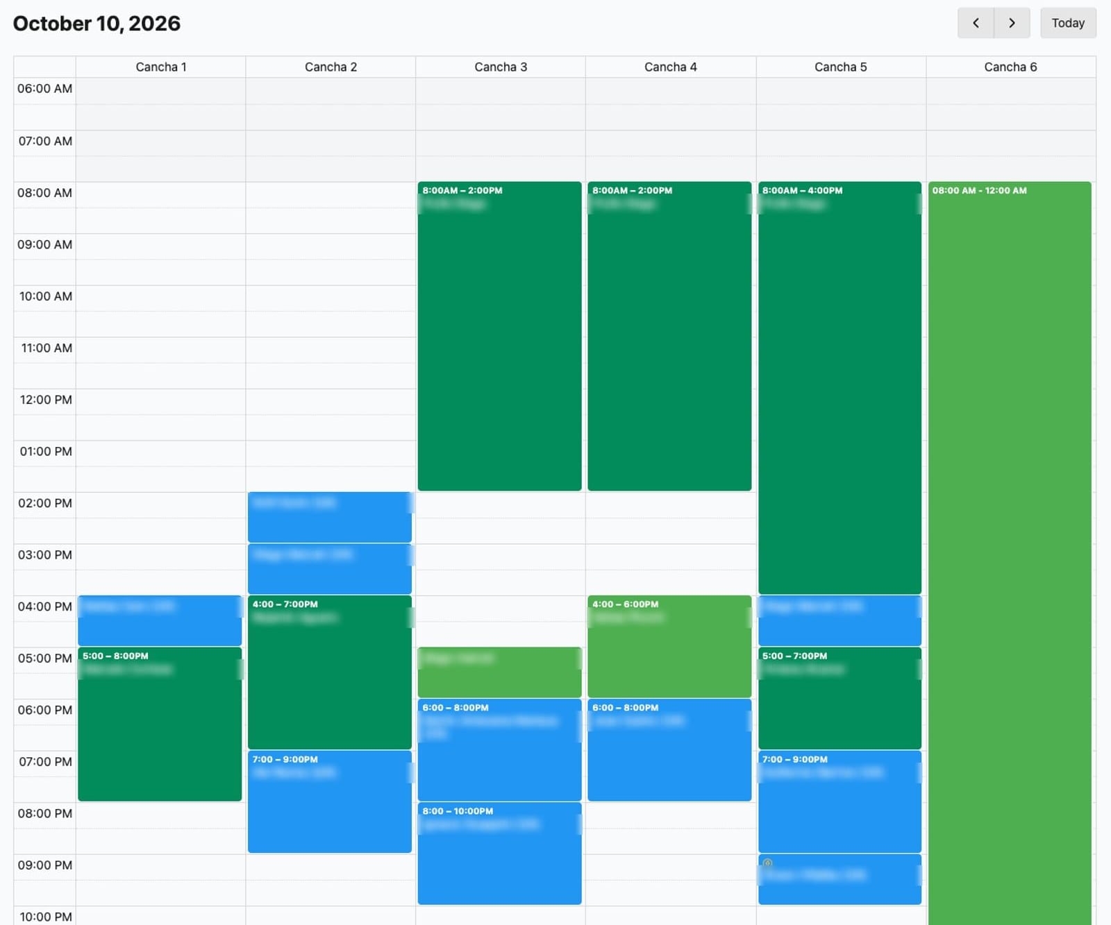 Reva Admin schedule with the day's bookings across six courts, including recurring bookings, classes and app bookings