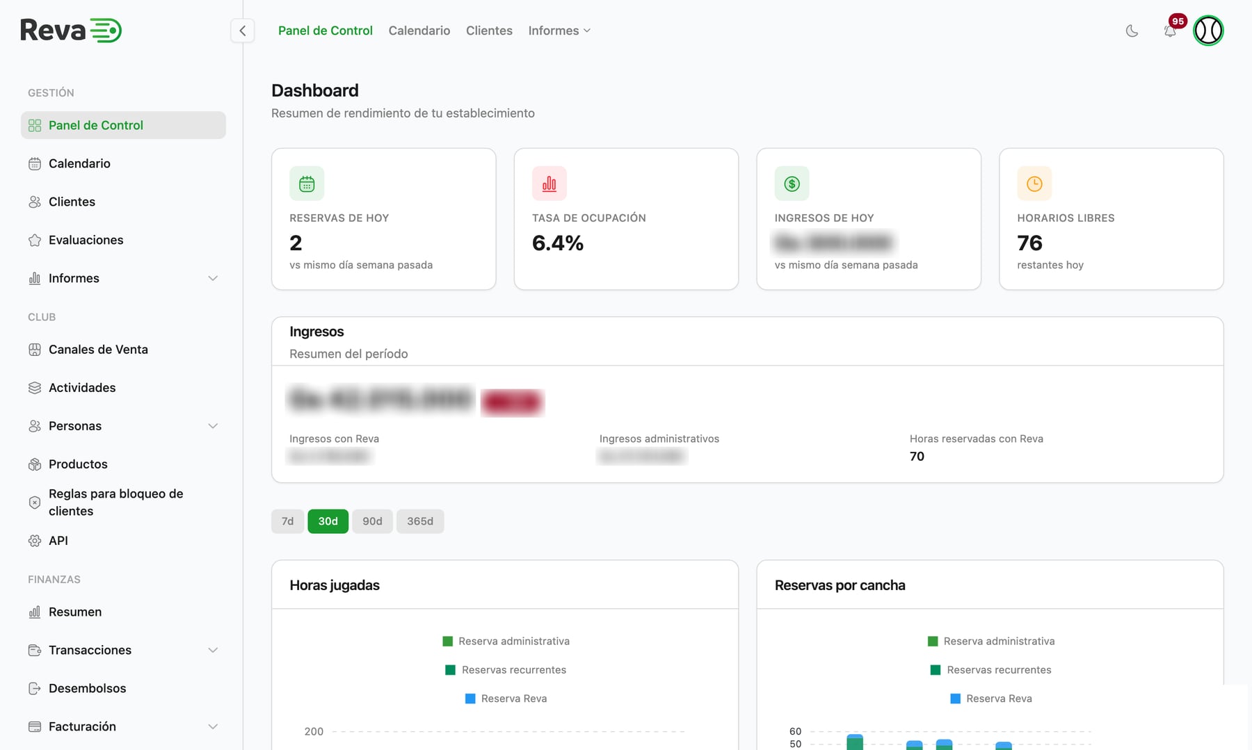 Reva Admin dashboard with today's bookings, occupancy rate, revenue and free slots