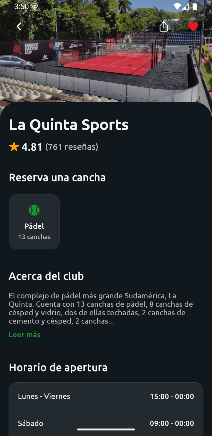 Club profile in the Reva app with rating, courts and opening hours