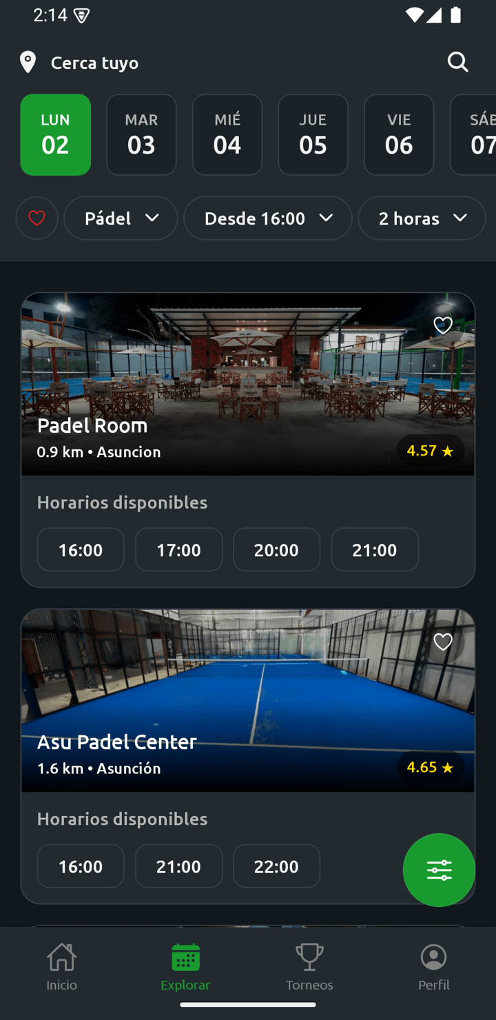 Nearby padel clubs with available time slots in the Reva app