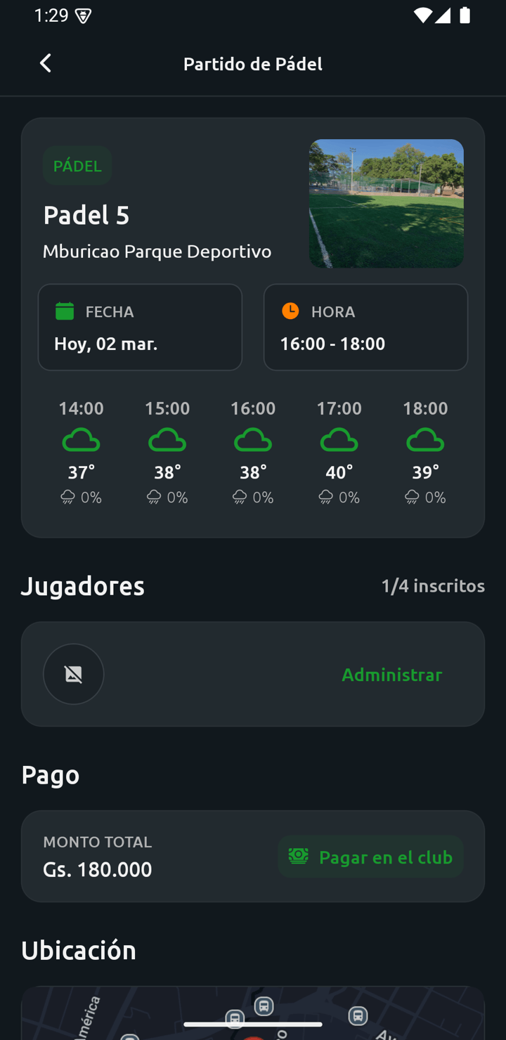 Padel match details in the Reva app with weather, players and payment
