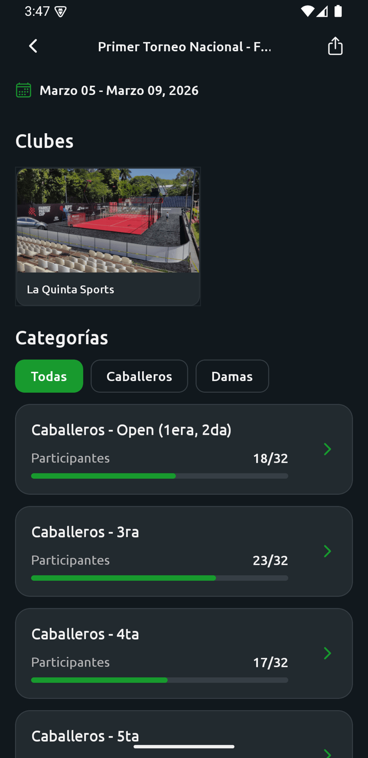 Padel tournament in the Reva app with categories and sign-ups