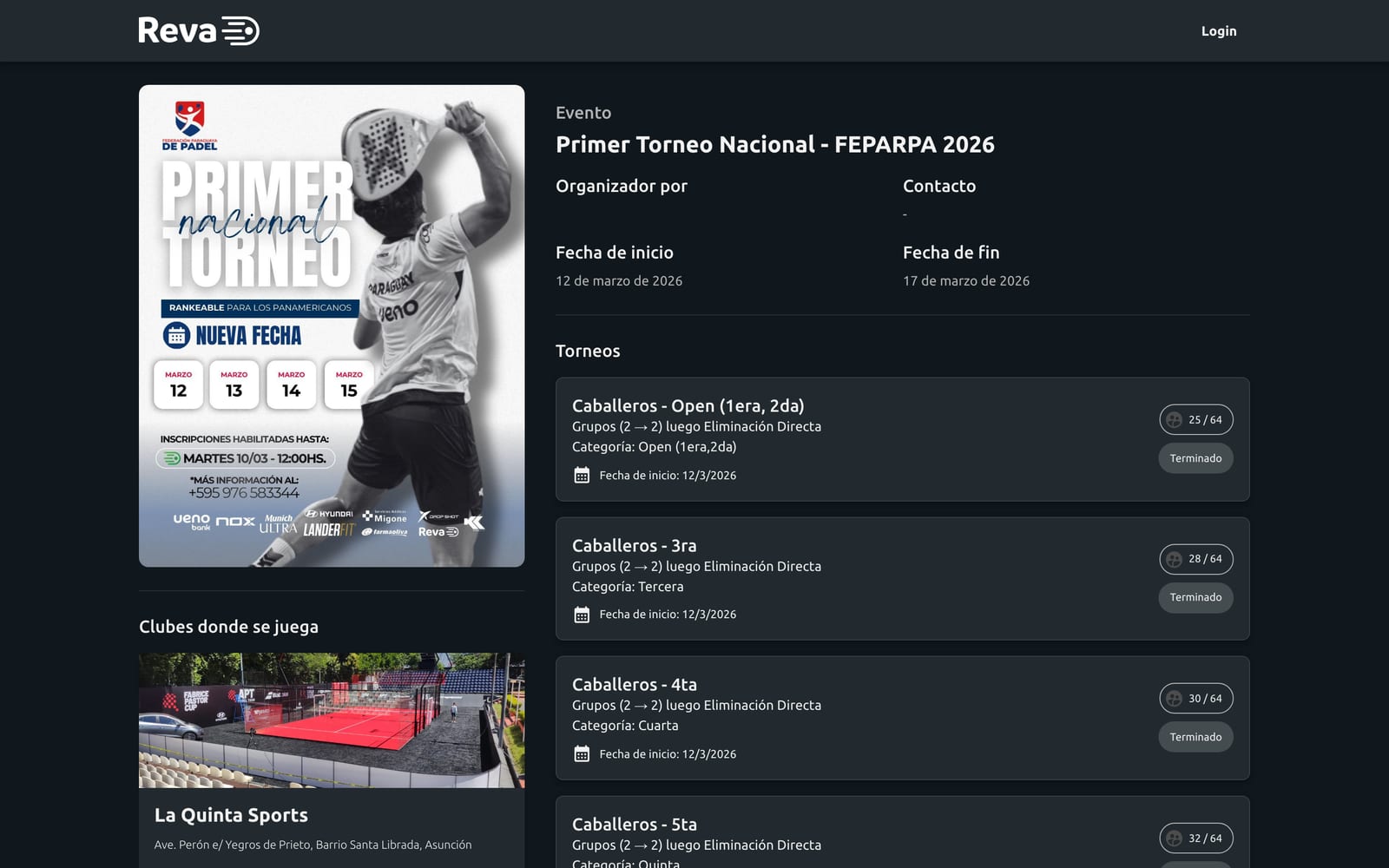 Public event page in Reva Tournaments with poster and categories
